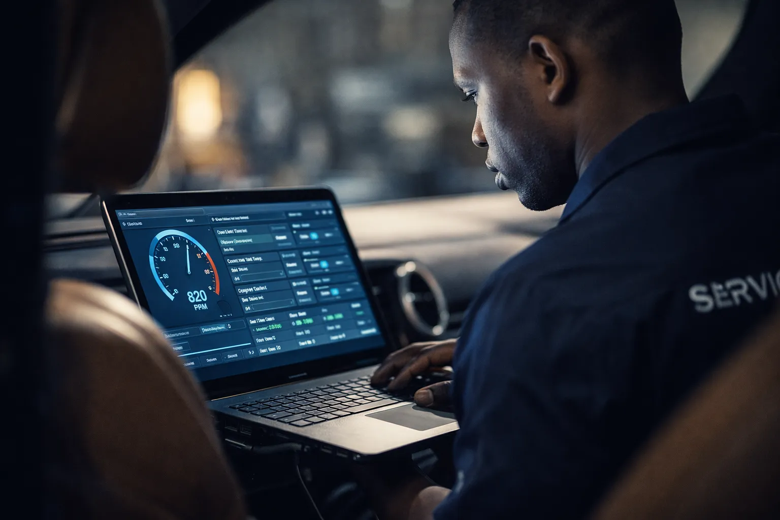 Technician running advanced vehicle diagnostics