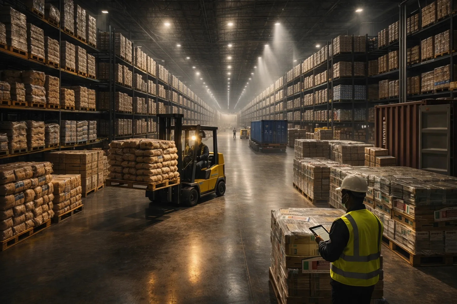 Vast distribution warehouse with towering shelving racks and forklifts